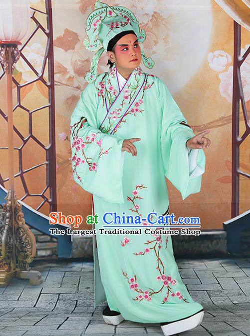 Professional Chinese Peking Opera Niche Costume Traditional Peking Opera Plum Blossom Green Robe and Hat for Adults