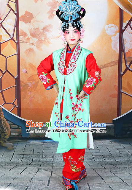 Professional Chinese Beijing Opera Maidservants Embroidered Plum Blossom Green Costumes for Adults