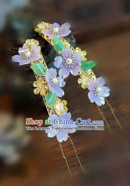 Chinese Handmade Ancient Hair Accessories Ancient Hanfu Purple Flowers Hairpins for Women