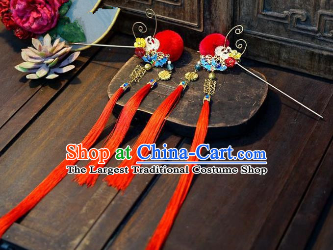 Chinese Handmade Ancient Hair Accessories Princess Red Tassel Hairpins for Women