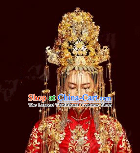 Chinese Traditional Ancient Bride Golden Tassel Phoenix Coronet Wedding Headdress Hairpins Complete Set for Women