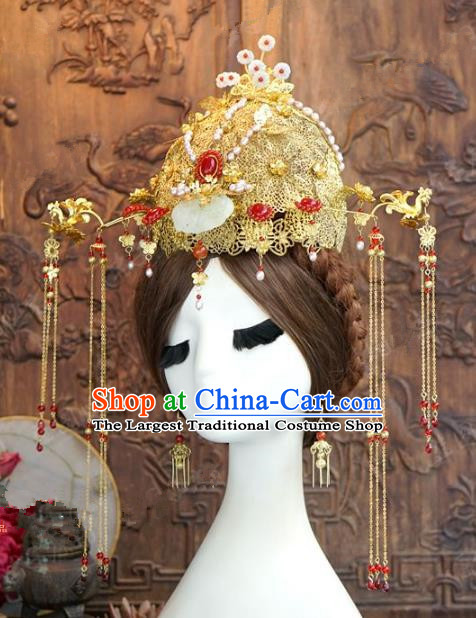 Chinese Handmade Wedding Hair Accessories Ancient Bride Jade Phoenix Coronet Tassel Hairpins Complete Set for Women