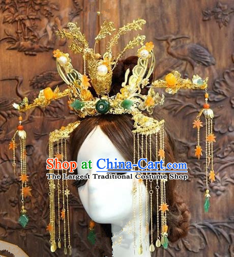 Chinese Handmade Wedding Golden Phoenix Coronet Hair Accessories Ancient Tassel Hairpins Complete Set for Women