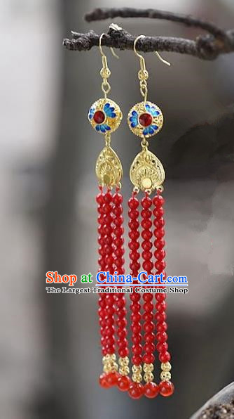 Chinese Handmade Ancient Bride Red Beads Tassel Earrings Jewelry Accessories for Women