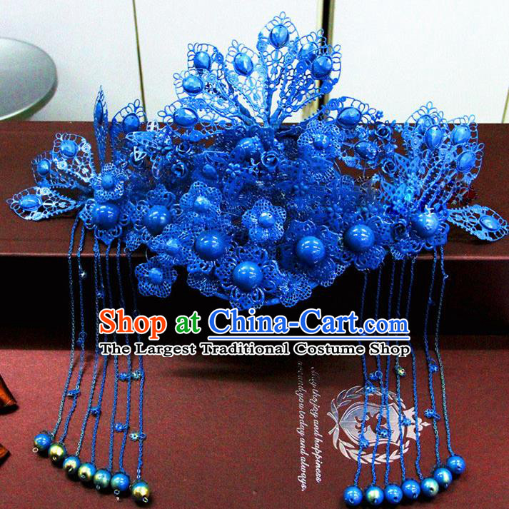 Chinese Ancient Handmade Empress Blue Phoenix Coronet Bride Hair Accessories Headwear for Women