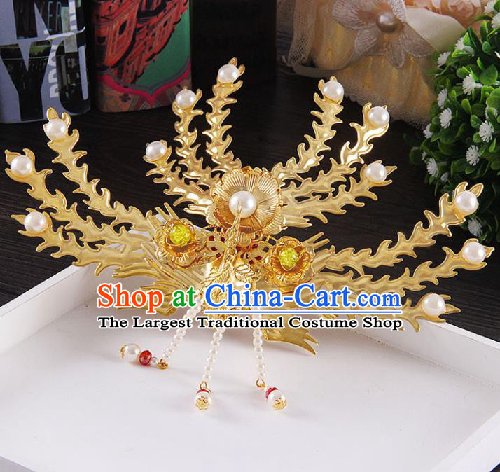 Chinese Ancient Handmade Golden Phoenix Tassel Hairpins Bride Hair Accessories Headwear for Women