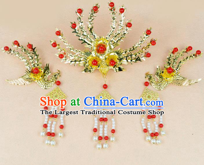 Chinese Ancient Handmade Golden Step Shake Phoenix Hairpins Bride Hair Accessories Headwear for Women