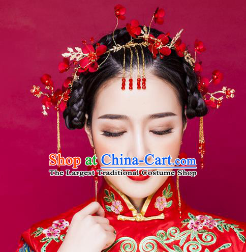 Chinese Ancient Handmade Red Flowers Hair Clasp Hairpins Bride Hair Accessories Headwear for Women