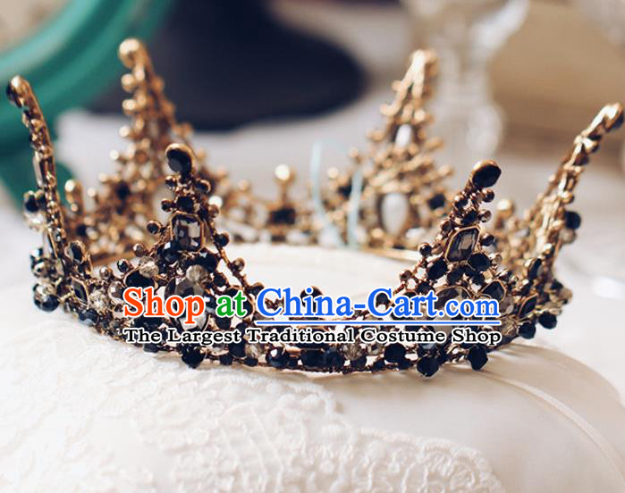 Handmade Wedding Baroque Queen Black Round Royal Crown Bride Hair Jewelry Accessories for Women