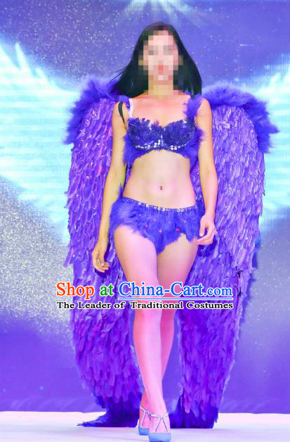 Top Grade Catwalks Swimsuit Purple Feather Wing Stage Performance Customized Rio Carnival Feather Prop for Women