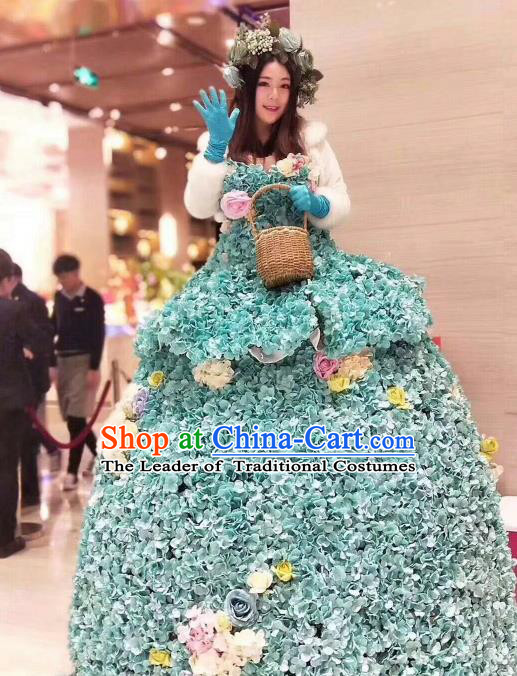 Top Grade Catwalks Costume Stage Performance Model Show Flower Fairy Green Dress for Women