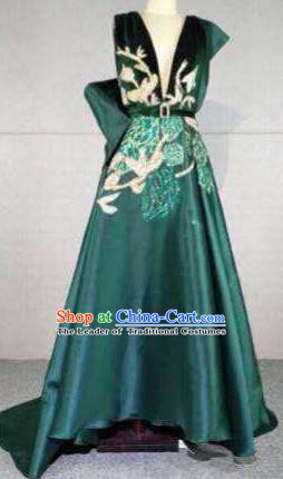 Top Grade Catwalks Customized Costume Green Silk Dress Stage Performance Model Show Clothing for Women