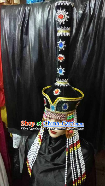 Chinese Traditional Mongolian Princess Black Hats China Mongol Nationality Wedding Headwear for Women