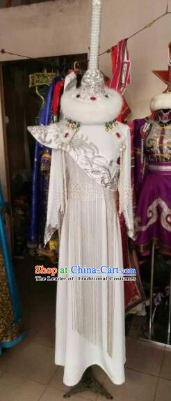 Chinese Traditional Mongolian Bride Costume China Mongol Nationality Folk Dance White Dress for Women