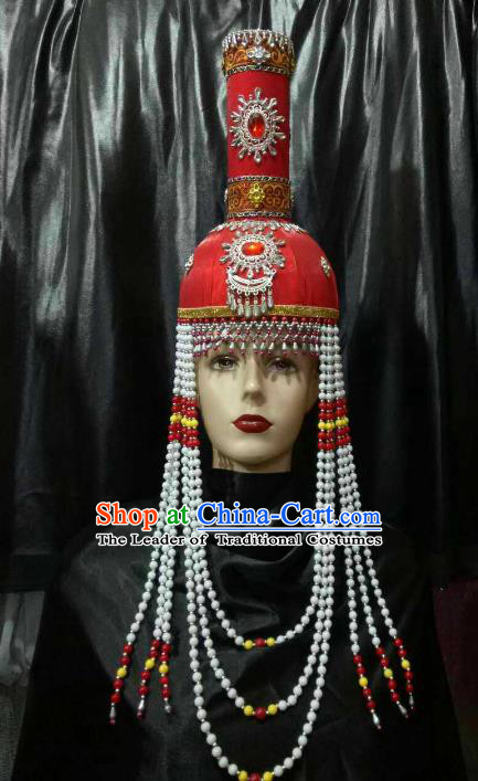 Chinese Traditional Mongolian Wedding Red Hats China Mongol Nationality Bride Headwear for Women