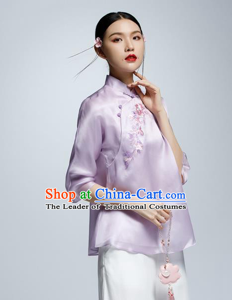 Chinese Traditional Costume Embroidered Purple Cheongsam Blouse China National Upper Outer Garment Shirt for Women
