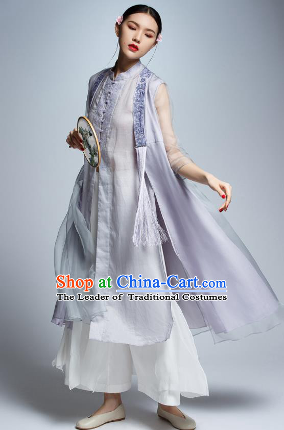 Chinese Traditional Embroidered Organza Lilac Cheongsam China National Costume Tang Suit Qipao Dress for Women