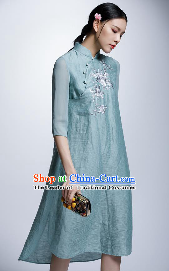 Chinese Traditional Embroidered Flowers Green Cheongsam China National Costume Tang Suit Qipao Dress for Women