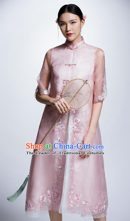 Chinese Traditional Costume Embroidered Flowers Pink Cheongsam China National Tang Suit Qipao Dress for Women