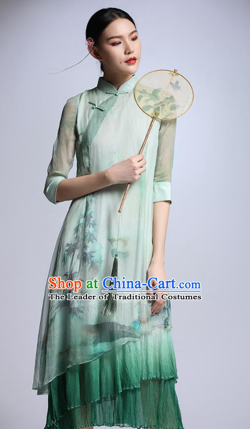 Chinese Traditional Tang Suit Printing Green Cheongsam China National Qipao Dress for Women