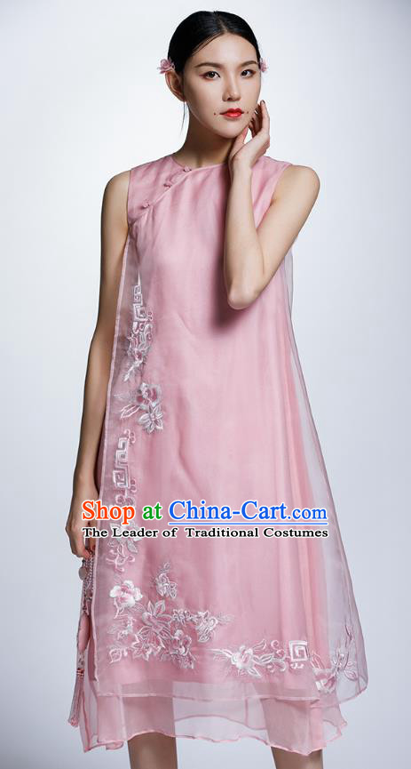 Chinese Traditional Embroidered Flowers Pink Cheongsam China National Costume Tang Suit Qipao Dress for Women
