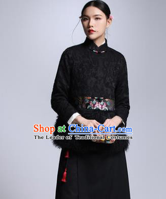 Chinese Traditional Tang Suit Black Cotton-Padded Jacket China National Upper Outer Garment Cheongsam Shirt for Women