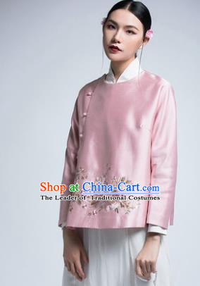 Chinese Traditional Tang Suit Pink Silk Coat China National Upper Outer Garment Shirt for Women