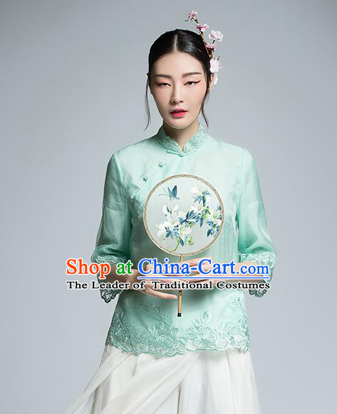 Chinese Traditional Tang Suit Embroidered Green Blouse China National Upper Outer Garment Shirt for Women