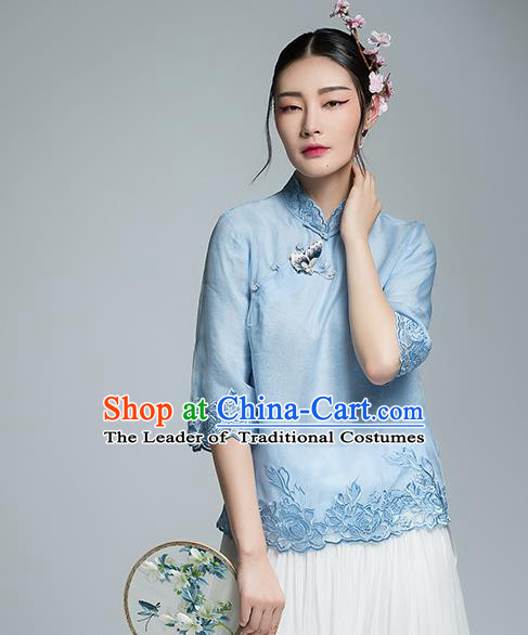 Chinese Traditional Tang Suit Embroidered Blue Blouse China National Upper Outer Garment Shirt for Women