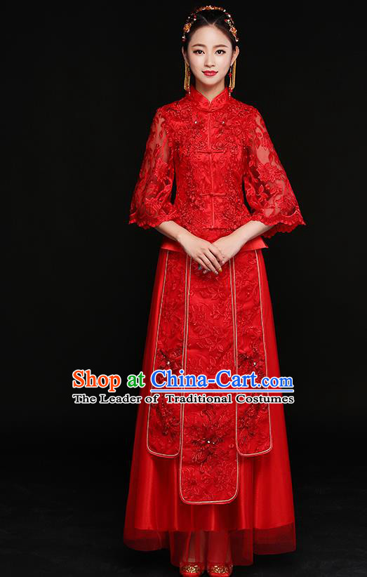 Traditional Chinese Embroidered Lace Xiuhe Suit Ancient Wedding Red Dress Toast Cheongsam for Women