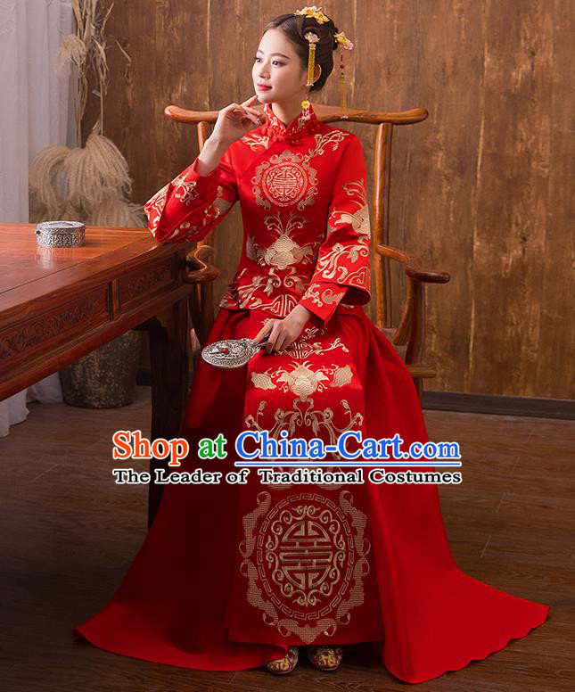 Traditional Chinese Ancient Embroidered Bat Bottom Drawer Xiuhe Suit Wedding Dress Toast Red Cheongsam for Women