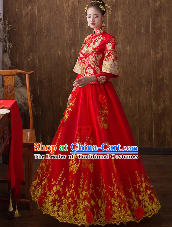 Traditional Chinese Ancient Embroidered Flowers Phoenix Bottom Drawer Xiuhe Suit Wedding Dress Toast Cheongsam for Women