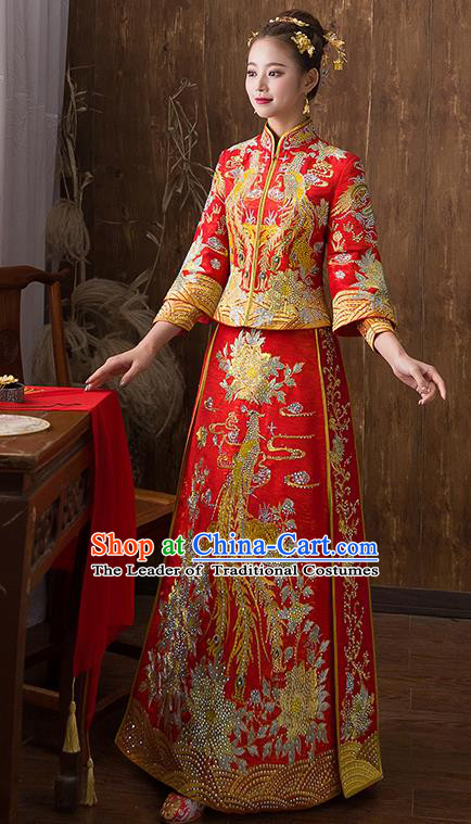 Traditional Chinese Ancient Red Diamante Toast Cheongsam Embroidered Peony Bottom Drawer Xiuhe Suit Wedding Dress for Women