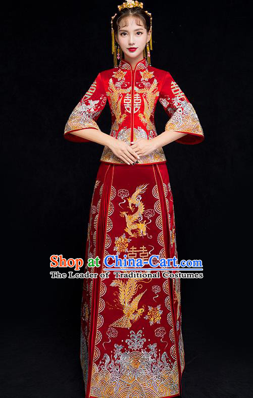 Chinese Traditional Xiuhe Suit Embroidered Wedding Dress Ancient Bride Cheongsam for Women
