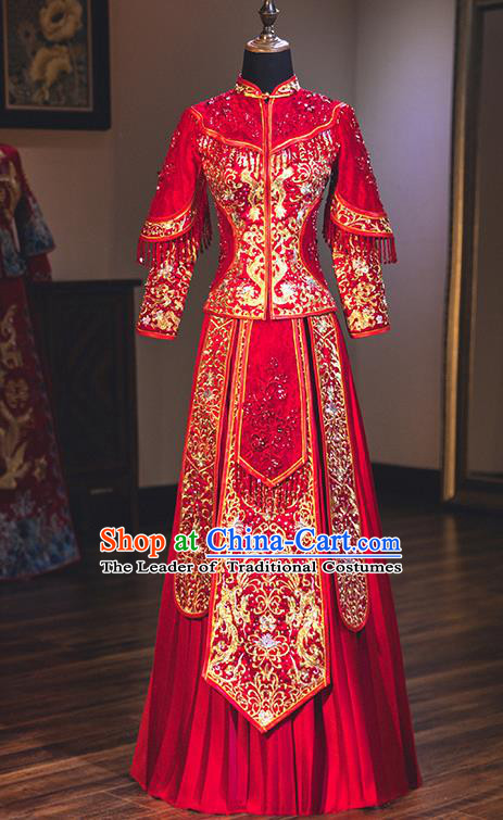 Chinese Traditional Red Wedding Dress Delicate Embroidered Bottom Drawer Ancient Bride Xiuhe Suit Costume for Women