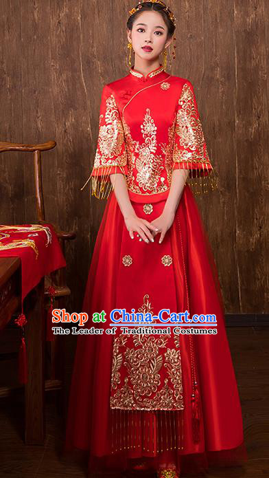 Chinese Traditional Bridal Toast Xiuhe Suit Red Wedding Dress Ancient Bride Cheongsam for Women