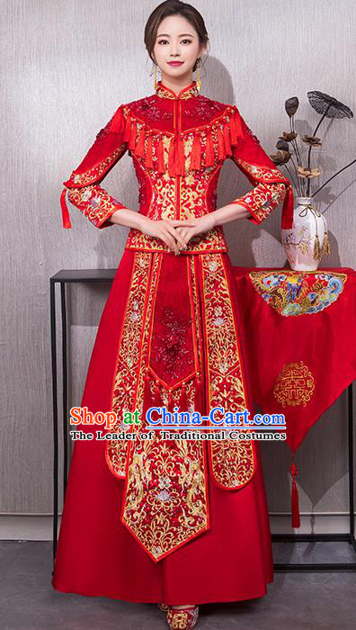 Chinese Traditional Wedding Costume Bridal Embroidered Xiuhe Suit Ancient Bride Red Cheongsam for Women