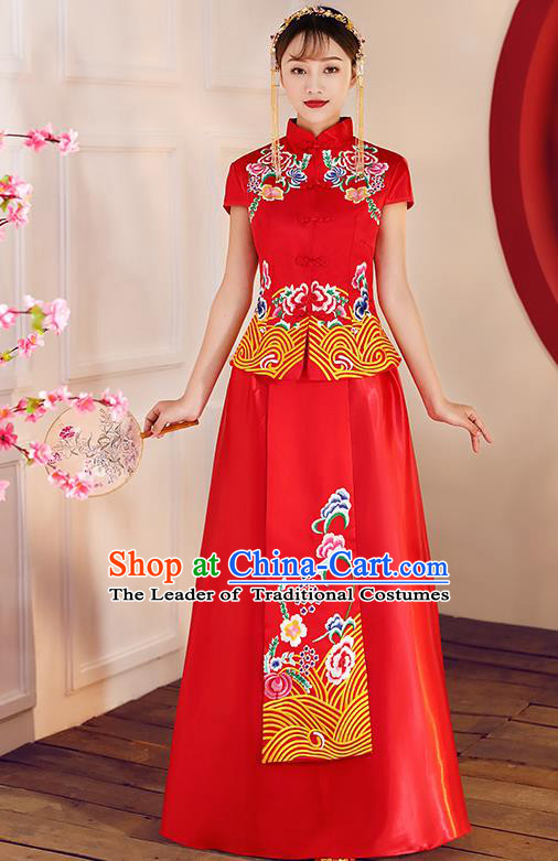 Chinese Traditional Embroidered Red Xiuhe Suit Ancient Wedding Toast Cheongsam Dress for Women