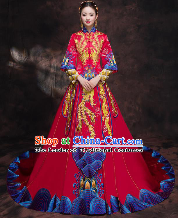 Chinese Traditional Embroidered Trailing Xiuhe Suit Longfeng Flown Ancient Bottom Drawer Wedding Dress for Women