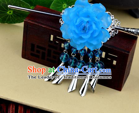 Chinese Traditional Ancient Hair Accessories Hanfu Blue Peony Hairdo Crown Tassel Hairpins Headwear for Women