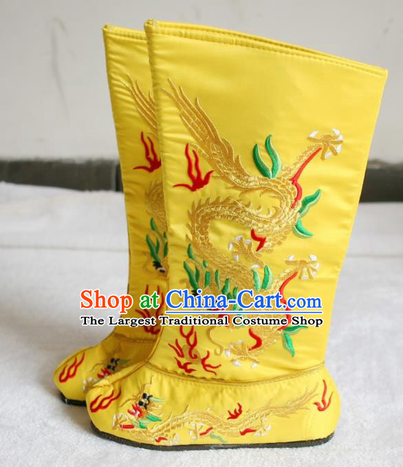Chinese Traditional Beijing Opera Shoes Beijing Opera Takefu Yellow Embroidered Boots for Men