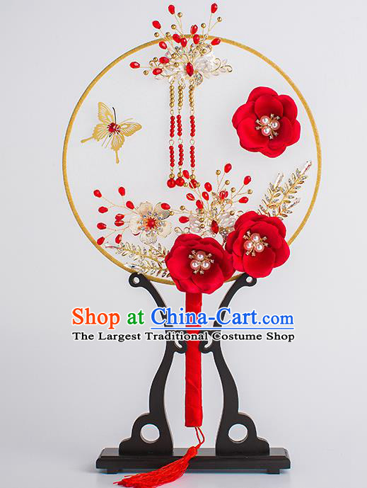 Chinese Traditional Palace Fans Ancient Bride Wedding Red Flowers Round Fans for Women