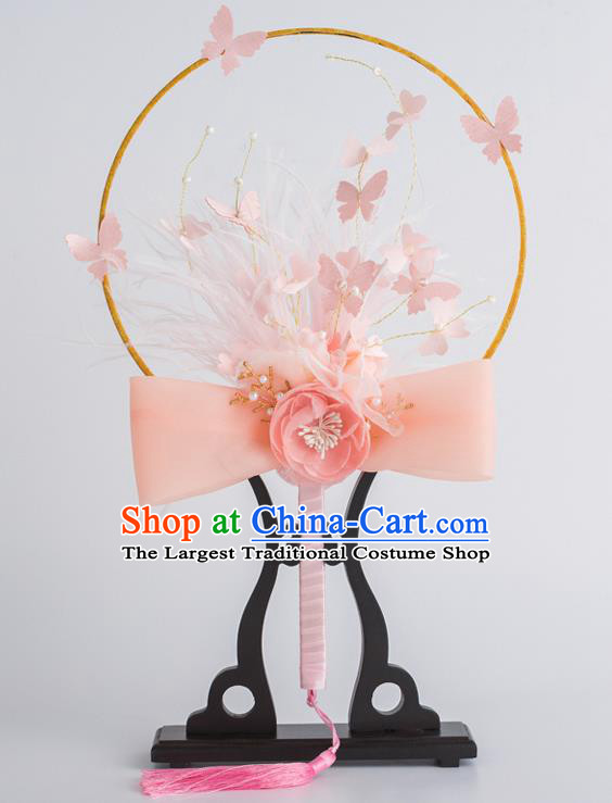 Chinese Traditional Palace Fans Ancient Bride Wedding Pink Feather Flower Round Fans for Women
