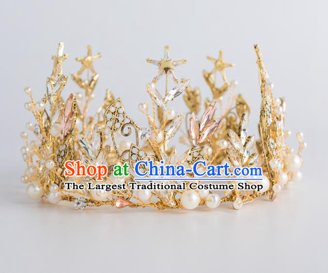 Top Grade Wedding Hair Accessories Bride Retro Golden Pearls Round Royal Crown for Women
