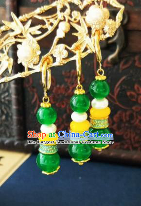 Chinese Ancient Three Strings Green Beads Earrings Qing Dynasty Manchu Palace Lady Ear Accessories for Women