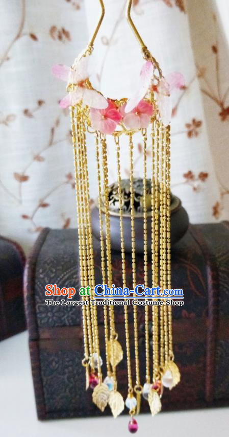 Chinese Ancient Qing Dynasty Hair Accessories Palace Pink Flowers Golden Tassel Hairpins for Women