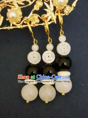 Chinese Ancient White and Black Beads Earrings Qing Dynasty Manchu Palace Lady Three Strings Ear Accessories for Women