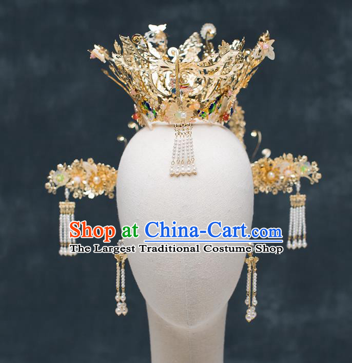Chinese Traditional Wedding Bride Golden Phoenix Coronet Hair Accessories Ancient Hairpins for Women