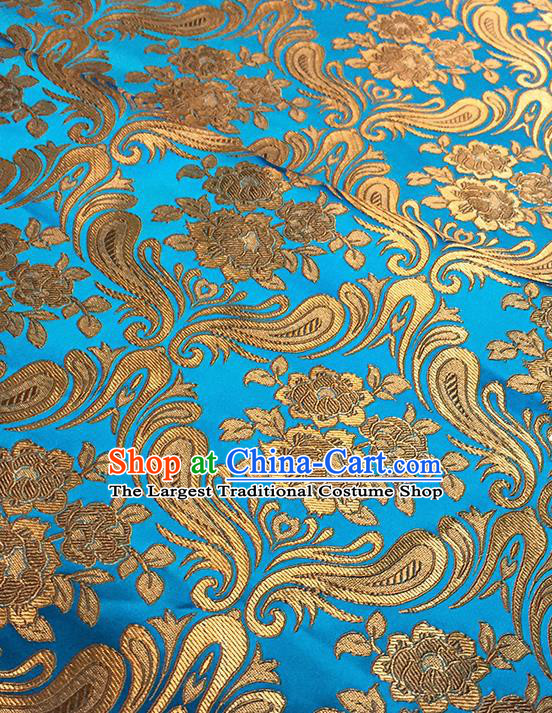Asian Chinese Blue Brocade Traditional Peony Pattern Fabric Silk Fabric Chinese Fabric Material