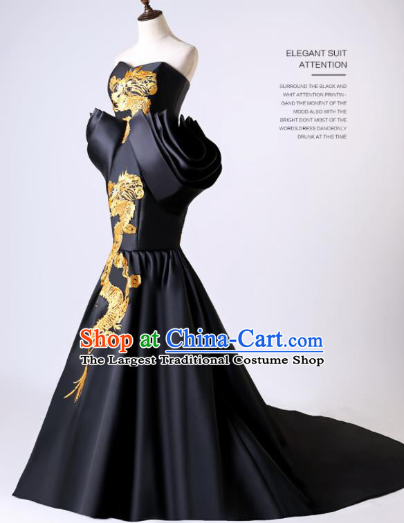 Chinese Traditional Dragon Pattern Black Full Dress Compere Chorus Costume for Women